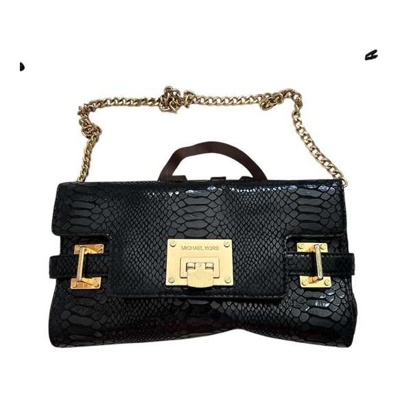 Michael Kors Astrid Clutch Black faux snakeskin leather with Buckle acce… - Picture 1 of 8